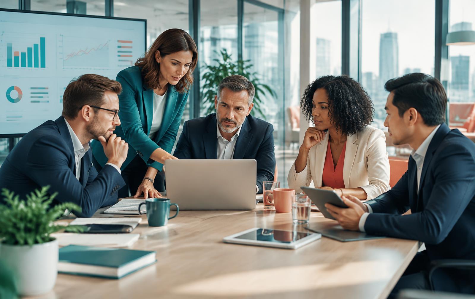 Führungsteam eines Finanzdienstleisters analysiert digitale Arbeitsabläufe